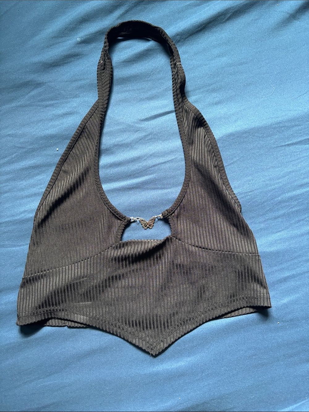SHEIN Black Ribbed Halter Crop Top with Butterfly Charm